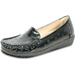Women Black Patent5 Faux Leather Round Toe Removable Insole Wedge Slip-On Loafer